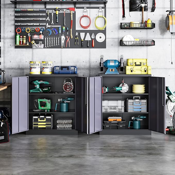 STANI Metal Storage Cabinet with 2 Adjustable Shelves Steel Counter Cabinet with Lockable Doors for Home Office