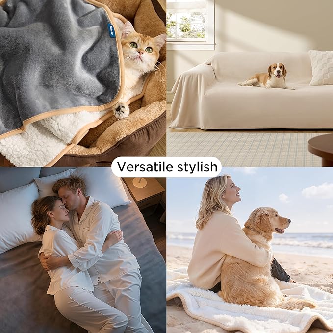 Bedsure Waterproof Blanket for Bed Intimacy- Sherpa Fleece Waterproof Dog Blankets for Large Dogs, Pet Blankets for Bed/Couch, Soft Plush Reversible Furniture Protector, Queen Size, 90"x86", Grey