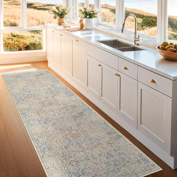 Vintage Beige Blue 2'6" x 8' Runner Rug
