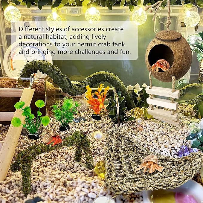 6 PCS Hermit Crab Accessories Set Small Bendable Moss Hermit Crab Climbing Toys Coconut Shell Hut with Ladder Climbing Hammock with Suction Cup Plants for Reptile Amphibian