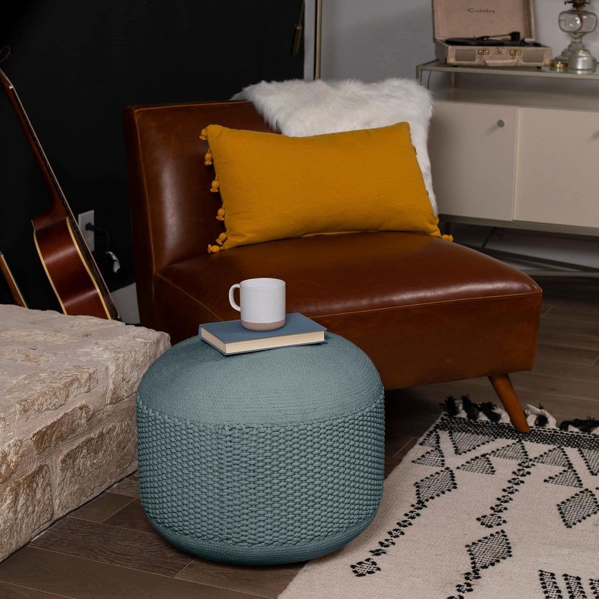 BIRDROCK HOME Indoor Outdoor Pouf Ottoman Foot Rest, Mist, 20”x20”x16”