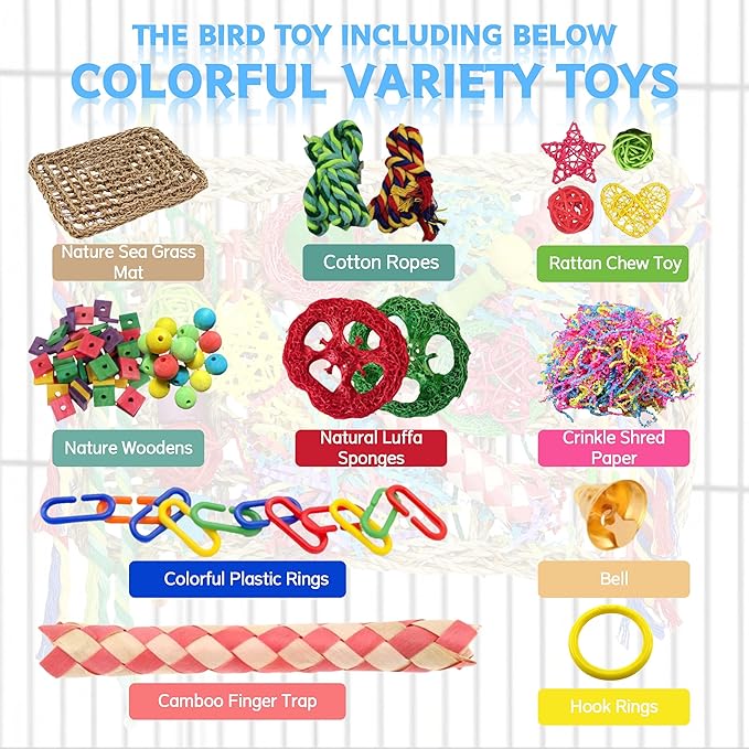 Bird Toys, Large Size Parrot Toy, Parakeet Toys for Bird Foraging Conure Hammock Swing,Grass Mat with Colorful and Various Chew Toys for Climb, Shredder, for Cockatiel, Lovebird(Large)
