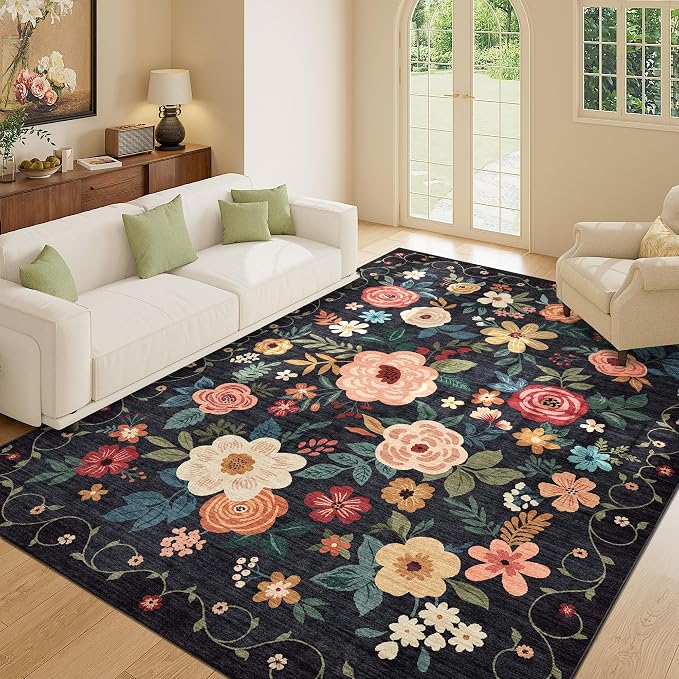 DUKINO 5x7 Area Rug, Floral Design, Lightweight Non Slip Washable, Indoor Low