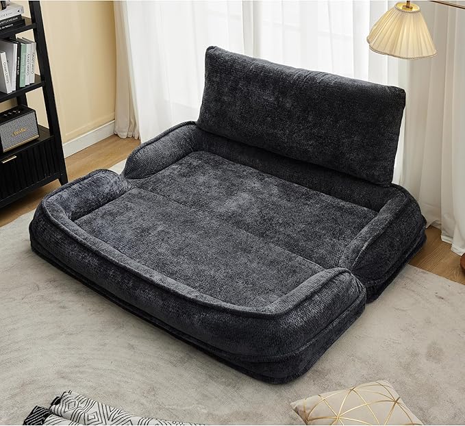 Double Human Dog Bed for Adult and Kids, Comfy Foldable Lazy Floor Loveseat Sofa Bed with 5 Adjustable Position, Upholstered Floor Bean Bag Lounger Chair for Bedroom, Living Room,Office (Black)