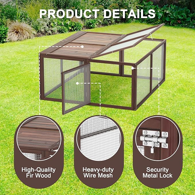 Portable Chicken Coop Run, Rabbit Hutch with Top & Side Opening Doors, Folding Wooden Rabbit Cage for Guinea Pigs, Bunny, Rabbit, Hedgehog, Small Animal Outdoor (Brown)