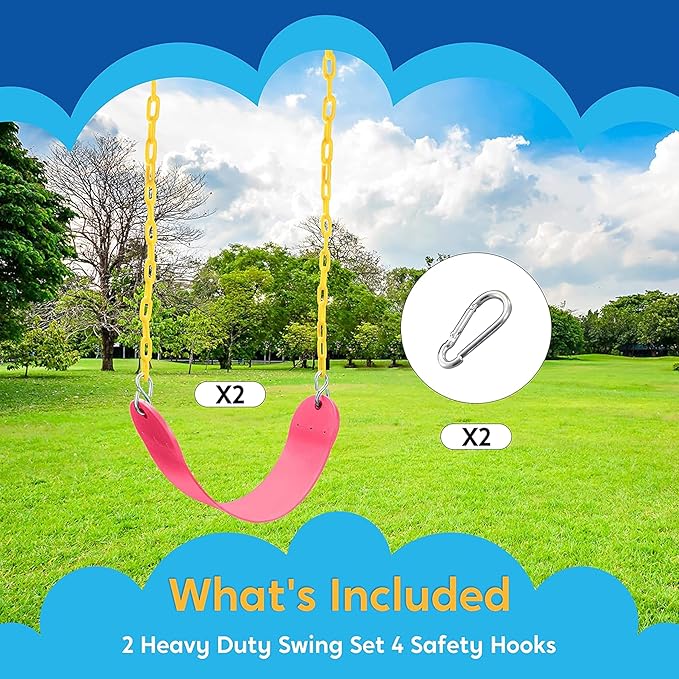 TURFEE 2 Packs Heavy Duty Swing Seat, Swing Set Accessories Replacement with 4 Snap Hooks for Kids Outdoor Play Playground, Trees, Swingsets, Playground(Pink)