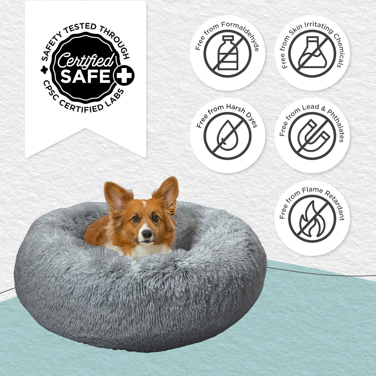 Best Friends by Sheri Original Calming Donut Dog and Cat Bed, Shag Faux Fur, Gray, (23in x 23in) - Anxiety Relief for Pets Up to 25 lbs