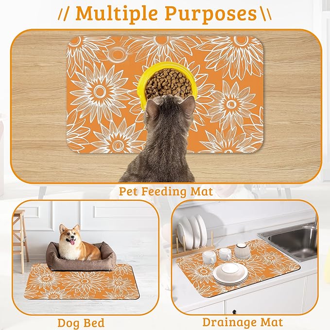 Retro Geometric Aesthetic Dog Food Mat,Orange Absorbent Pet Feeding Mat for Food and Water Bowl,Quick Dry Dog Placemat Non Slip Rubber Backing Waterproof Pet Supplies 12" x 20"