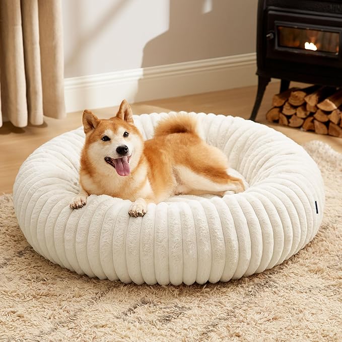 Bedsure Donut Large Dog Bed 36x36x8 inches with Waterproof Dog Blankets for Medium Dogs 30"x40", Cream