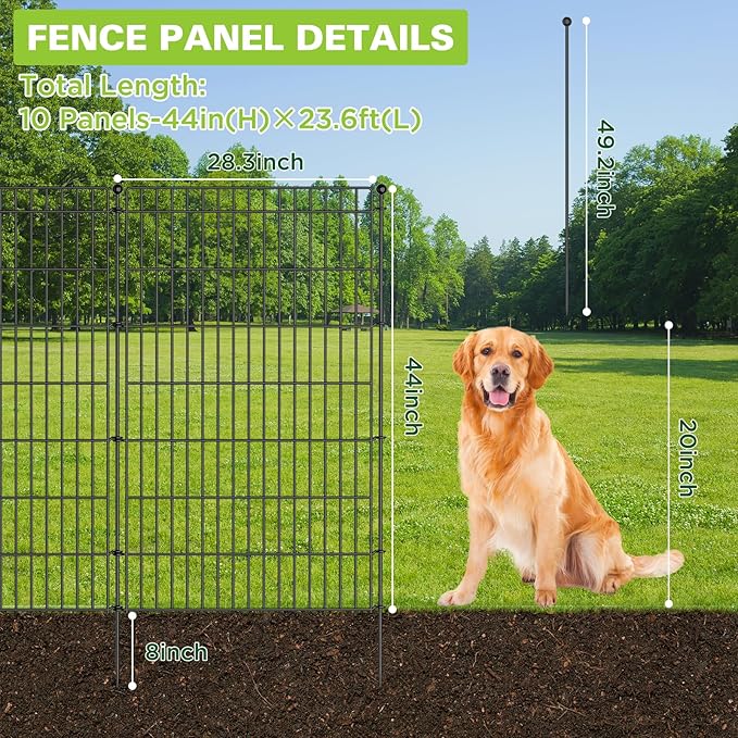 10 Panels No Dig Garden Fence Animal Barrier, 44in(H) × 23.6ft(L) Decorative Metal Outdoor Dog Fence, Rustproof Pet Fencing for Yard, Patio, Flower Bed -Temporary Fencing| Easy to Install