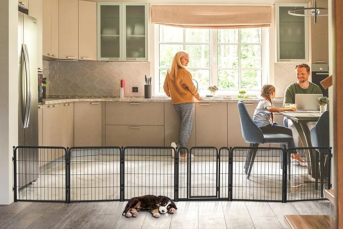 FXW Dog Gate Extra Wide Designed for Indoor Use, Adjustable Width Up to 137-inch Wide (24" H 6 Wire Panels for Puppies and Small Dogs), Black