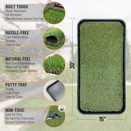 Ottomanson Artificial Grass Puppy Potty Training Pad with Tray, 15" x 30" Reusable Pee Pad for Small Pets and Dogs
