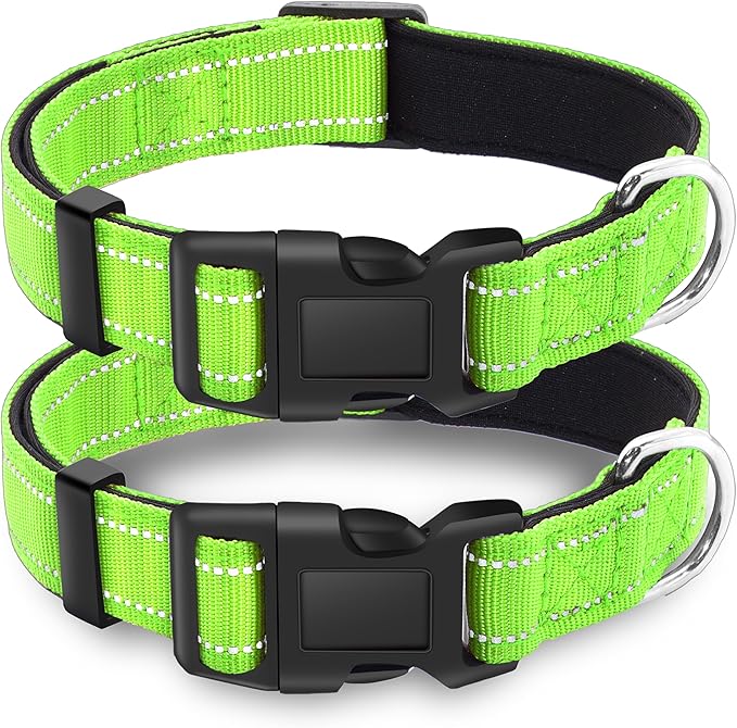 2 Pack Reflective Dog Collar with Safety Locking Buckle, Adjustable Soft Breathable Comfortable Nylon Pet Collar for Small, Medium and Large Dogs, Green, M