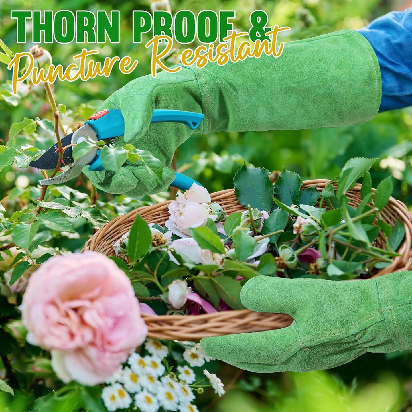 HANDLANDY Leather Gardening Gloves, Thorn Proof Long Gauntlet Heavy Duty Garden Gloves, Elbow Length Rose Pruning Weeding Yard Glove (Small, Green)