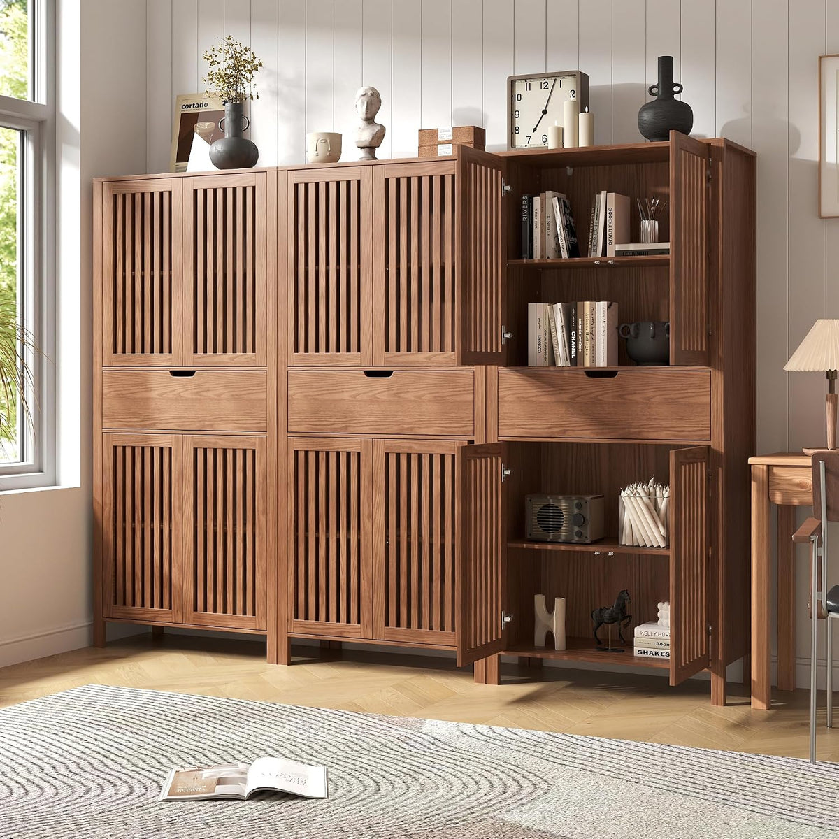 BVIUNTWO Set of 3 Rustic Brown 69" Tall Farmhouse Storage Cabinet with Drawer & Adjustable Shelves, Grille Door Organizer Unit, Anti-Tip Design for Bathroom,Kitchen,Living Room