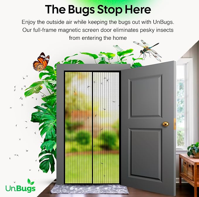 UnBugs Magnetic Screen Door - Fits Doors up to 36 x 82 Inches MAX - Pet & Kid Friendly, Self-Closing - Hands Free Magnet Closure Keeps Bugs Out & Breeze in