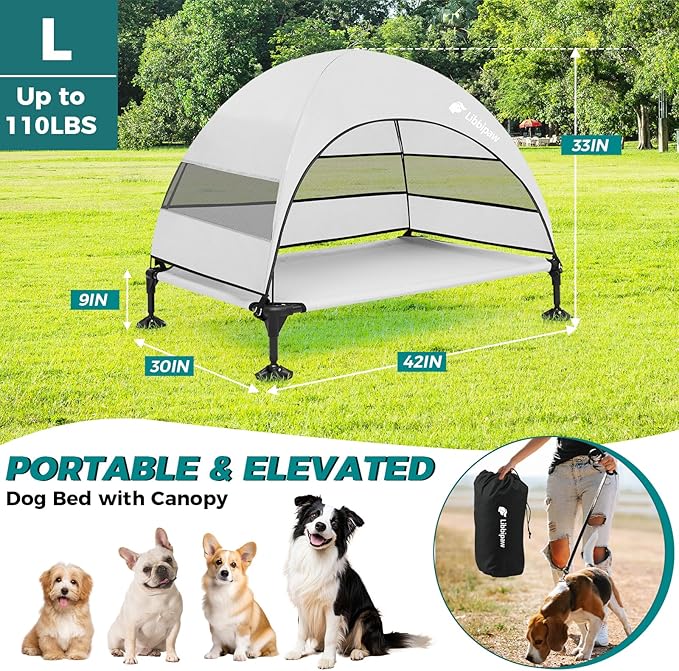 Windproof Elevated Dog Bed with Canopy & Stakes, 3-Sided 90% UV Block, Chew-Proof Teslin Mesh Mat for Large Dogs up to 150lbs(Grey Large)