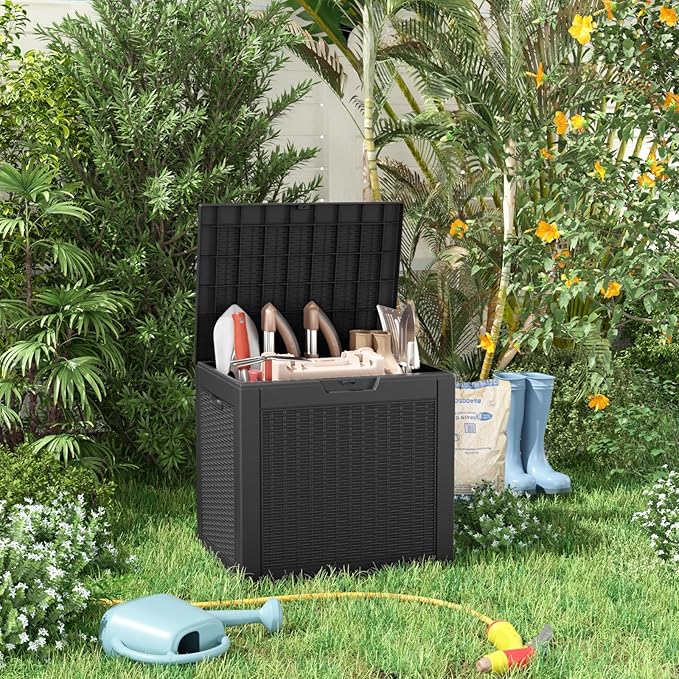 30 Gallon Resin Deck Box, Lockable Patio Outdoor Storage Box for Furniture, Garden Tools and Tools Storage, Waterproof Outside Storage Boxes - Black