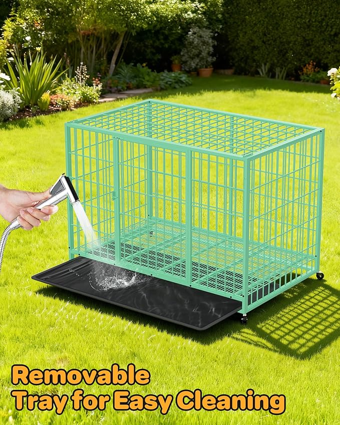 48 Inch Large Dog Crate, Escape Proof Dog Cage with Dual Door Lock and Swivel Casters,Removable Tray for Easy Cleaning, Dog Kennel Indoor Outdoor Use