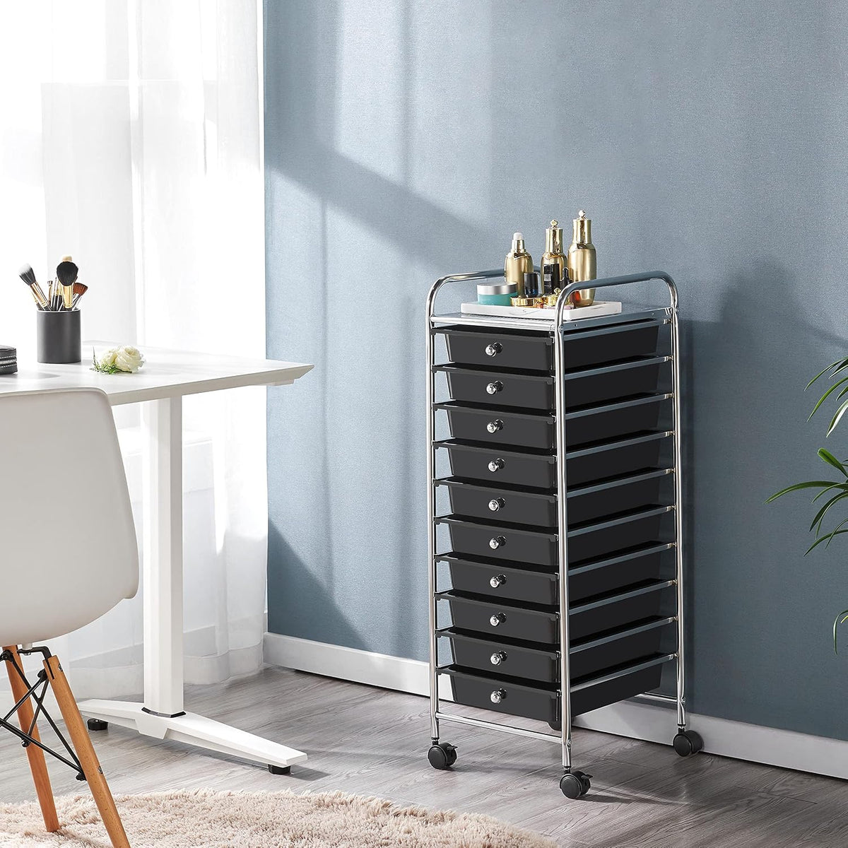 Yaheetech 10-Drawer Rolling Storage Cart with Wheels, Slim Organizer, Black