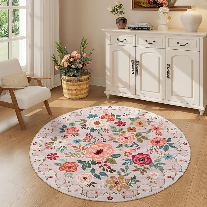 DUKINO Floral Round Rug, 4ft Washable Round Area Rug, Non Slip Indoor Low Pile