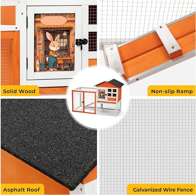 48" L Rabbit Hutch Outdoor Indoor, Expandable 2-Story Large Wooden Bunny Cage with Run, Removale Tray, Top-Opening Waterproof Roof, 2 Doors, DIY Drawing Board, Orange + Colorful Pattern