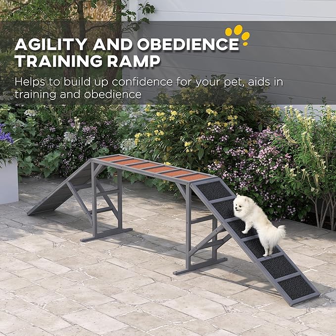 PawHut Wooden Dog Agility Equipment with Safety Bar, Non-Slip Surface, Dog Playground Ramp, Pet Obstacle Course for Backyard, Park, Walk and Pause Training, Gray