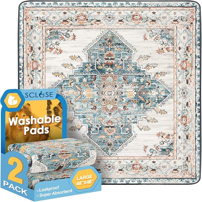 Washable Pee Pads for Dogs Large 2 Pack, 48" x 48" Reusable Puppy Pads Waterproof Dog Rugs, Super Absorbent, Leakproof, Dog Crate Pad, Playpen Mat, Whelping Pads, Blue Medallion
