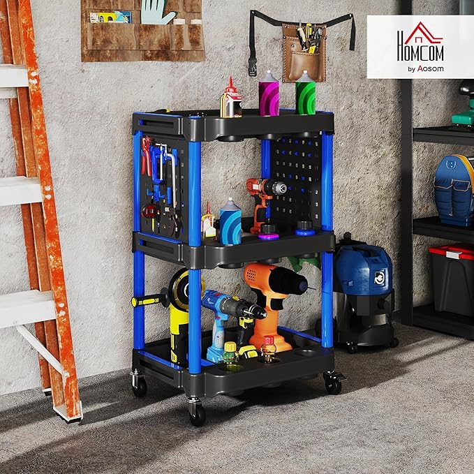 HOMCOM 3-Tier Rolling Tool Cart with Wheels, 200 LBS Capacity Plastic Utility Cart with Side Shelves, Mobile Service Tool Organizer for Garage, Warehouse, Workshop, Black and Dark Blue