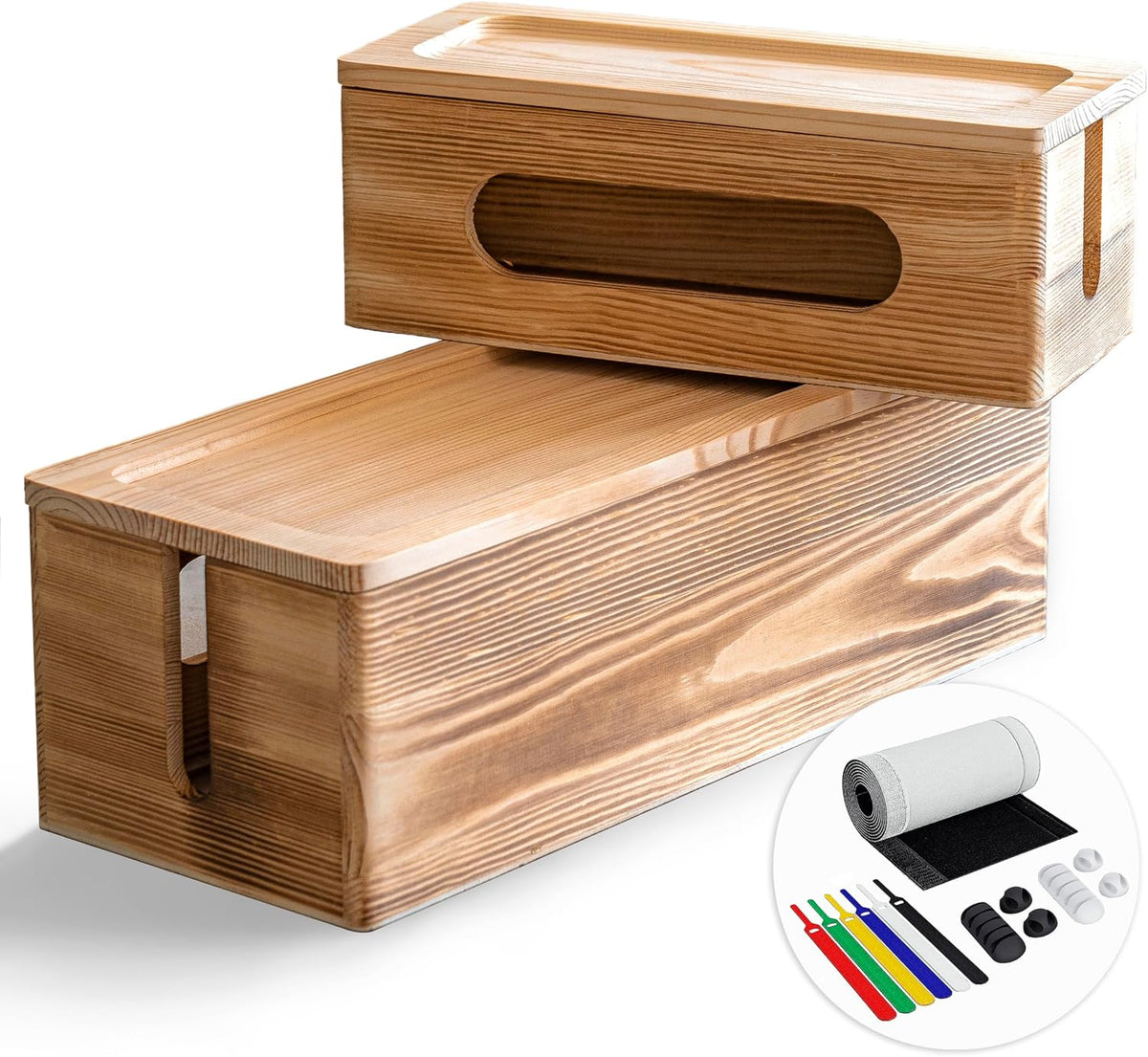 NATURE SUPPLIES Set of 2 Wooden Cable Management Boxes, Large and Medium Cord Organizer to Hide Wires and Power Strips for TV, Desk, Computer, Cable Storage and Organization, Dark Brown