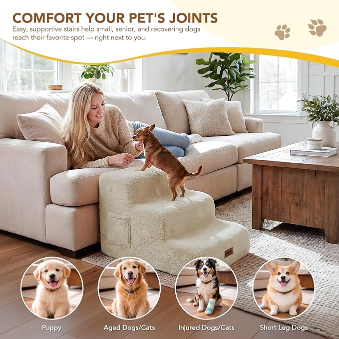 PETNOVO Ultra-Soft Rabbit Fur-Like Dog Stairs for Couch/Bed, Luxury Comfort 2-Step for Small & Senior Dogs, Non-Slip, Removable Washable Cover, OEKO-TEX Certified, 15.7"D x 15.7"Wx 11.8"H, Off White