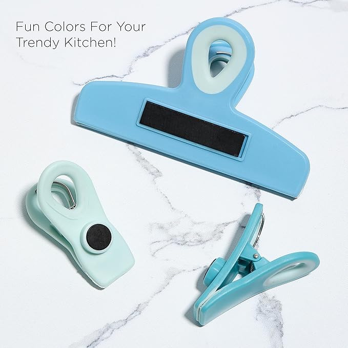 COOK WITH COLOR Bag Clips - Heavy Duty Chip Clip and Refrigerator Magnet Clips for Food Storage with Air Tight Seal Grip, Bright Blue, Pack of 8