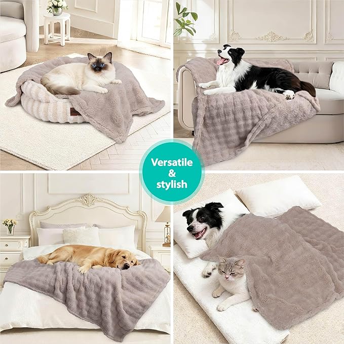 Dog Blankets Washable Pet Blanket - Fluffy Fuzzy Cat Puppy Blanket with Premium 300GSM 3D Fleece Bubble for Pet Kitten Doggy, Linen, 30x40IN