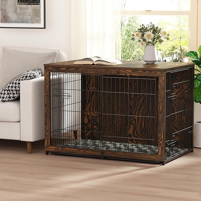 Megidok Wooden Dog Crate Furniture with Cushion,Large Dog Crate End Table with Tray, Double Doors Kennels Indoor (43.1" L*28.6" W*30.3" H, Rustic Style)