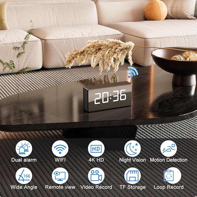4K WiFi Camera Clock 5G Indoor Security Nanny Cam for Baby Monitor, Dog with Motion Detection, Night Vision