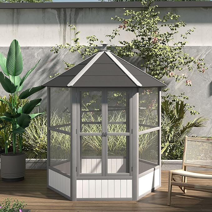 PawHut 69" Large Wooden Hexagonal Outdoor Aviary Flight Bird Cage with Covered Roof, Light Gray