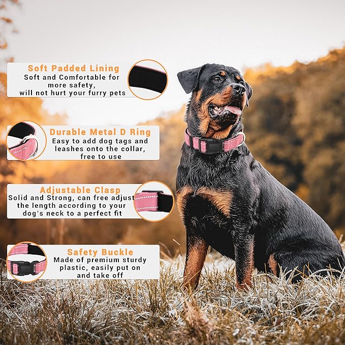 2 Pack Reflective Dog Collar with Safety Locking Buckle, Adjustable Soft Breathable Comfortable Nylon Pet Collar for Small, Medium and Large Dogs, Pink, XS
