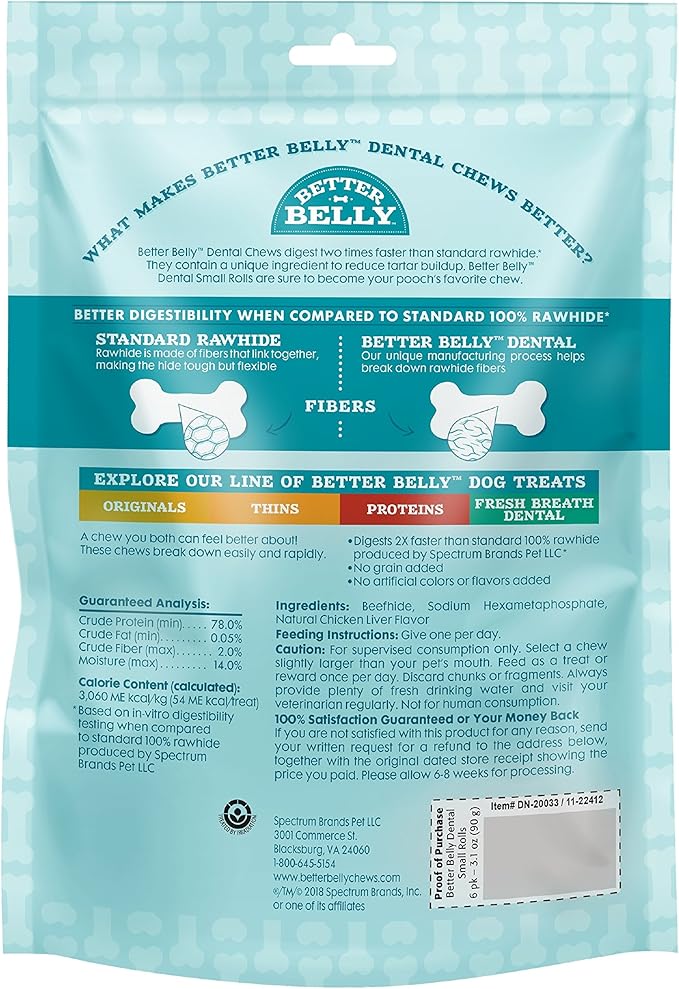 Better Belly Highly Digestible Rawhide Dental Chews, Treat Your Dog to a Chew with NO Artificial Colors or Flavors, 10 Count (Pack of 2)