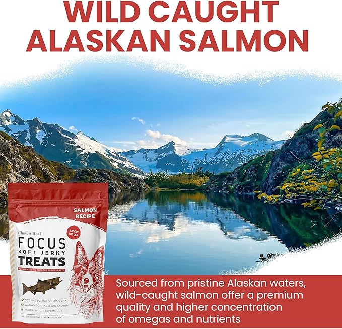 Chew + Heal Labs Dog Salmon Jerky Treats with Cognitive Support - 12 oz of Wild Caught Salmon Jerky Dog Treat - Made with Gingko Biloba, Blueberries, Cranberries, Pumpkin, and More - Made in The USA