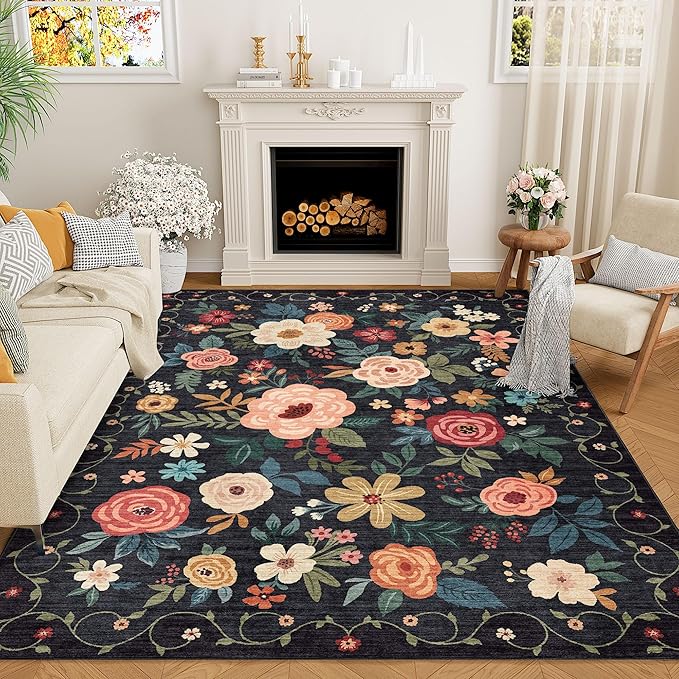 DUKINO 5x7 Area Rug, Floral Design, Lightweight Non Slip Washable, Indoor Low