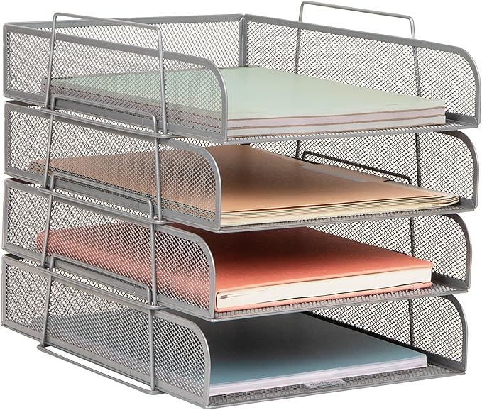 Mind Reader Stackable Paper Tray, Desktop Organizer, File Storage, Office, Metal Mesh, 10.5" L x 13.5" W x 11.25" H, 4 Pcs., Silver