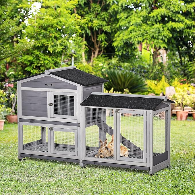 PawHut 62" Rabbit Hutch, Wooden Bunny Hutch, Guinea Pig Cage, Small Animal Enclosure with Wheels, Run Area, Removable Tray, Asphalt Roof, Lockable Doors and Ramp, for Rabbits, Chickens, Ducks, Gray