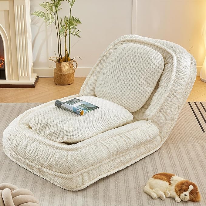 Human Dog Bed for Adult and Kids, Comfy Foldable Lazy Floor Sofa Bed with 5 Adjustable Position, White Upholstered Floor Bean Bag Lounger Chair for Bedroom, Living Room,Office (White.)