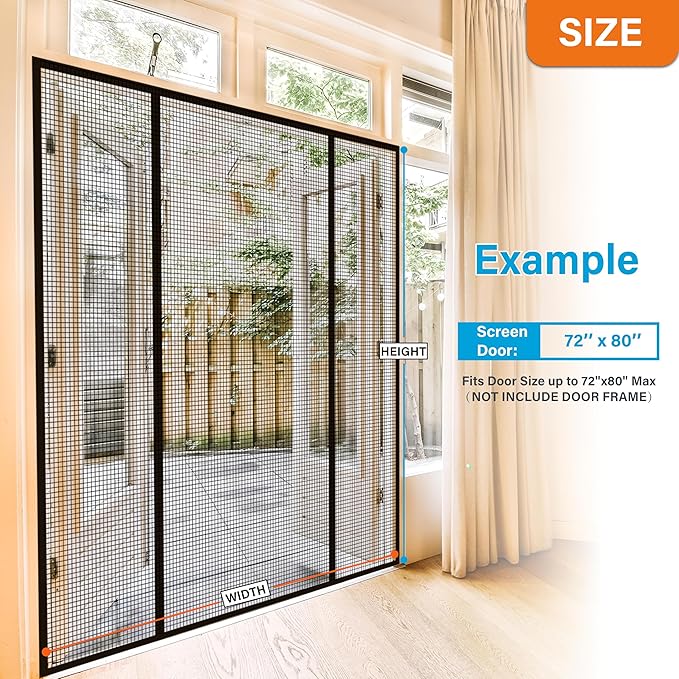 Double Door Fiberglass Magnetic Screen Door，Screen Door Mesh，Keep Bugs Out, Heavy-Duty Mesh Curtain,Pet and Kid Friendly, Works with Front Doors, Sliding Doors（64x80 Inch