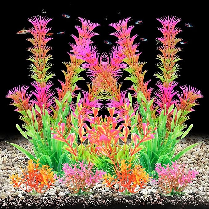 AQUANEAT Artificial Fish Tank Plants, Aquarium Decorations, Pink Plastic Accessories, 10pcs