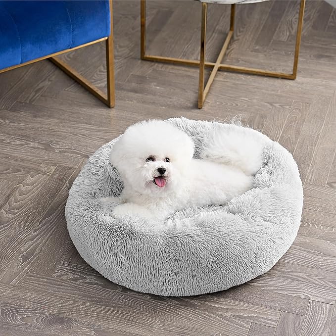 Juicy Couture Devon Faux Fur Medium Gray Round Pet Bed for Dogs and Cats
