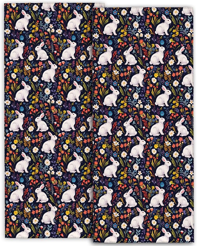 Cute Rabbit Hand Towels - 2 Pack, 14.5" X 28",Soft Microfiber Polyester Dark Towel Set with Adorable Bunny and Floral Pattern,for Fun Bathroom Kitchen Spa Hotel Decor Gifts Women Girls