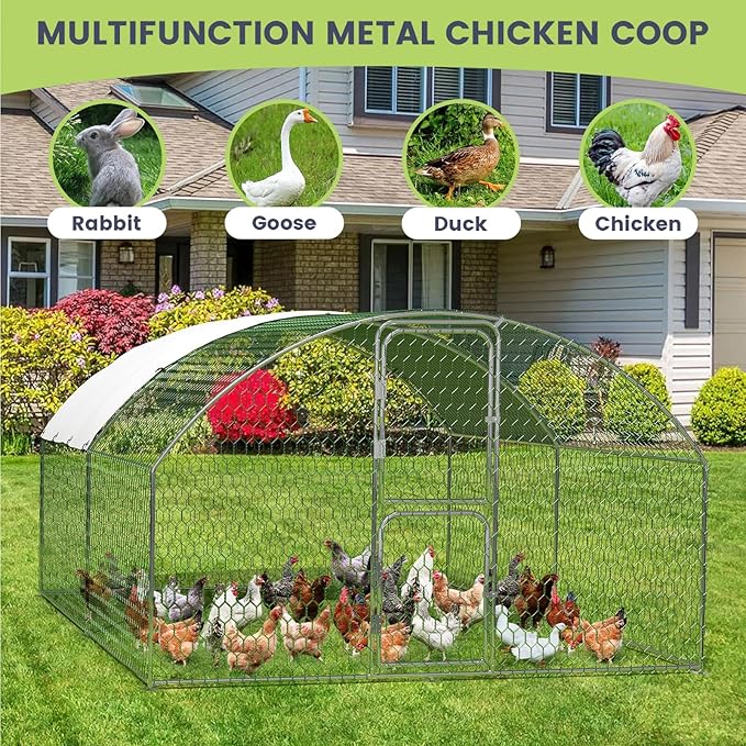 Large Metal Chicken Coop Run,Outdoor Walk-in Cage Peak Hen House with Waterproof and Anti-Uv Cover,Dome Roof Hen House with Security Lock for Outdoor,Backyard and Farm, 9.8 x 13.1 x 6.6 ft