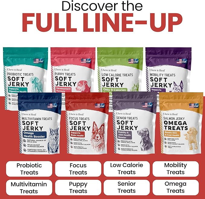 Chew + Heal Labs Dog Salmon Jerky Treats with Cognitive Support - 12 oz of Wild Caught Salmon Jerky Dog Treat - Made with Gingko Biloba, Blueberries, Cranberries, Pumpkin, and More - Made in The USA