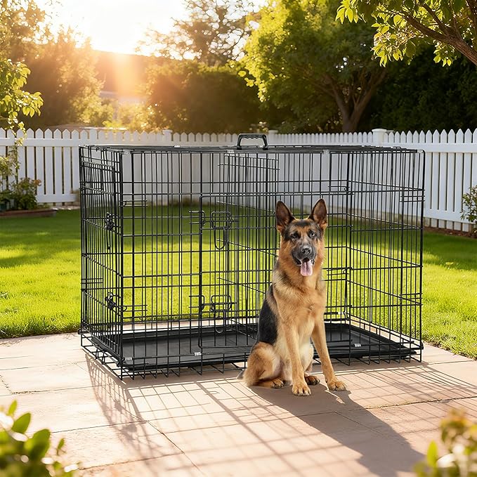 FDW Dog Crate 48-Inch Dog Cage Foldable Metal Kennel with Leakproof Tray Foldable Design Indoor Outdoor Use for XL Large Dogs,Dark Black